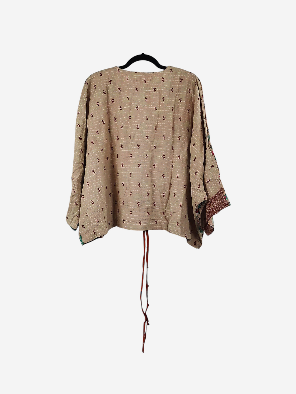 She Lives Beauty Sunrise Hana butterfly top in beige vintage cotton with kantha stitching and tie-front detail.
