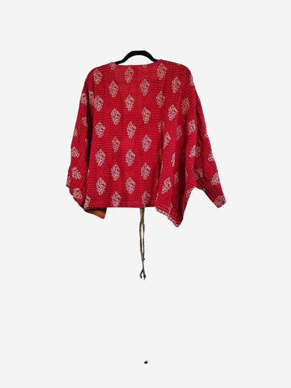 She Lives Beauty Sunrise Hana butterfly top in red vintage kantha cotton with white floral block print and stitching.