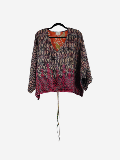 She Lives Beauty Sunrise Hana butterfly top in vintage kantha cotton with vibrant pink and geometric patterns.