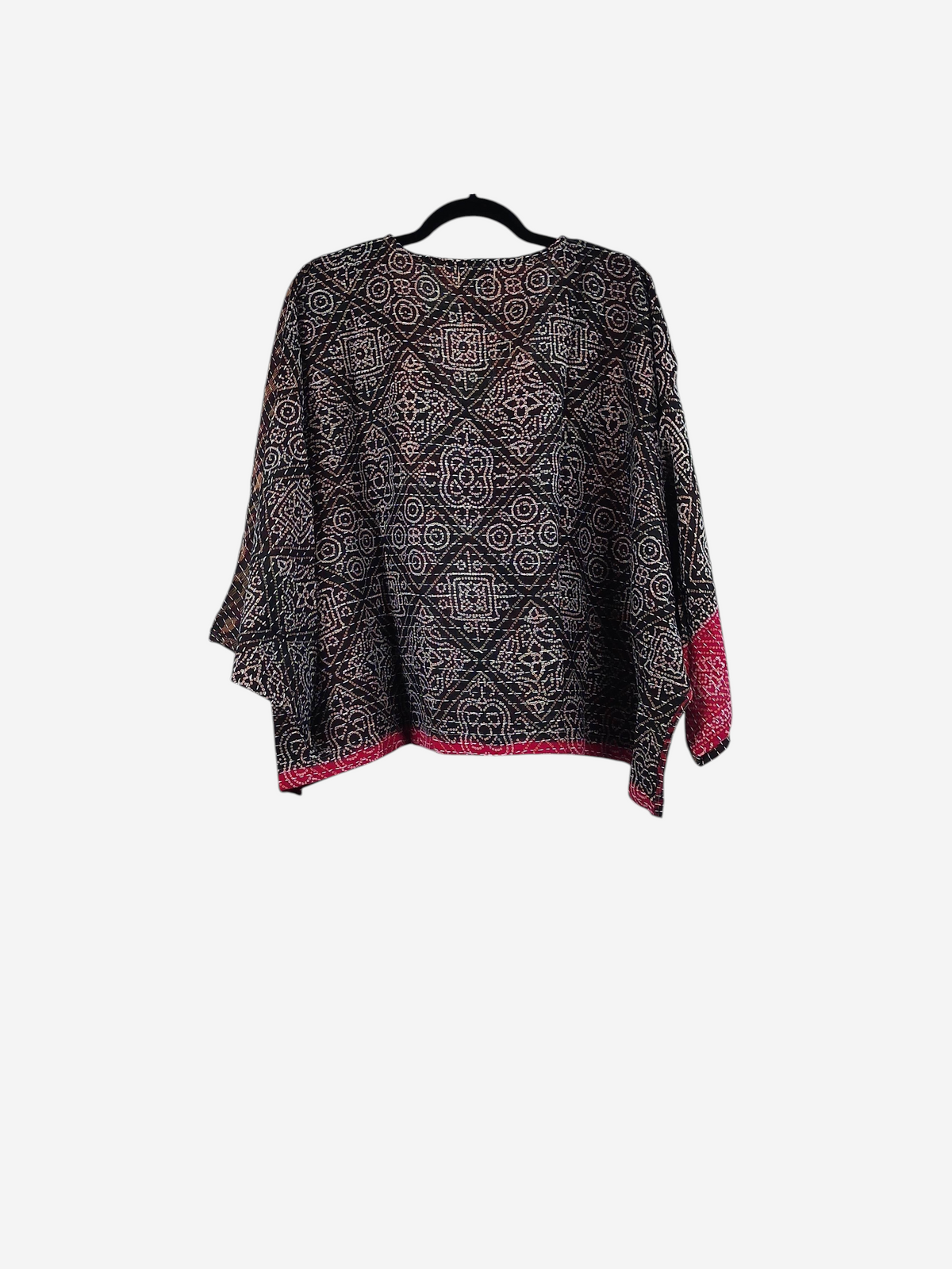 She Lives Beauty Sunrise Hana butterfly top in black and white geometric vintage kantha cotton with pink trim