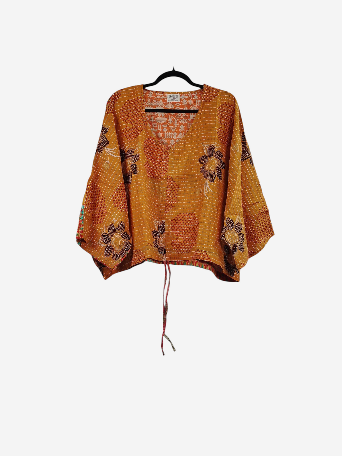 She Lives Beauty Sunrise Hana butterfly top in orange vintage kantha cotton with floral patterns and hand stitching.