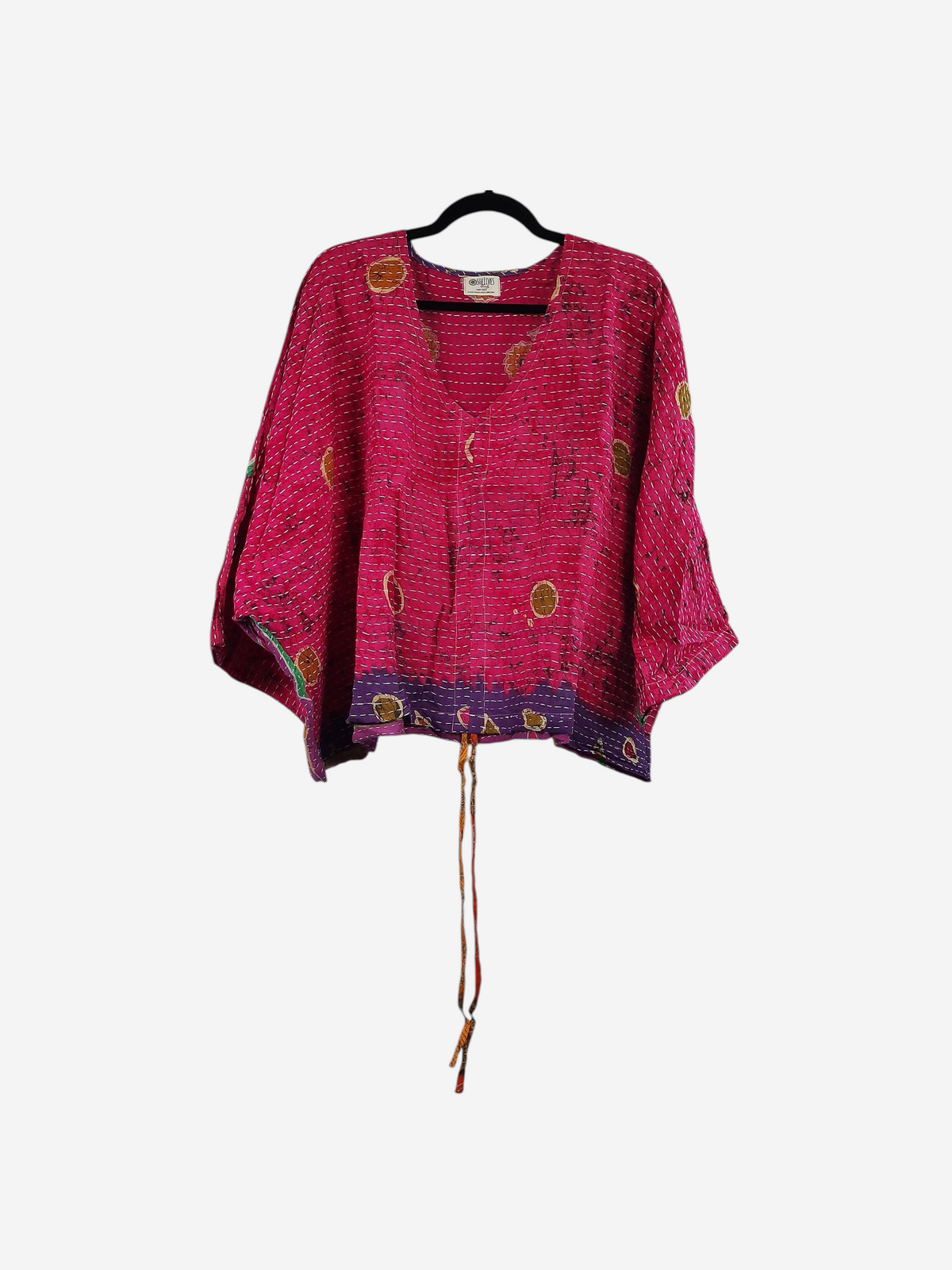 She Lives Beauty pink vintage cotton kantha butterfly top with hand-stitched details and a relaxed bohemian fit.