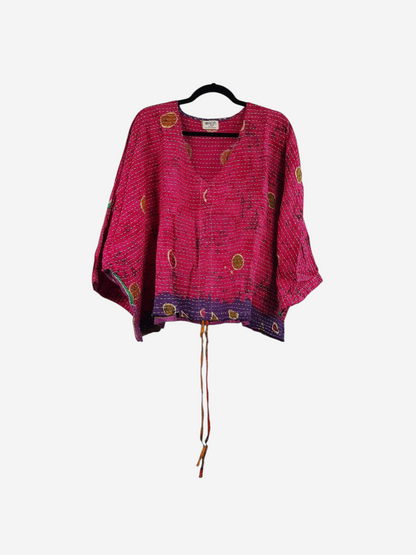 She Lives Beauty pink vintage cotton kantha butterfly top with hand-stitched details and a relaxed bohemian fit.