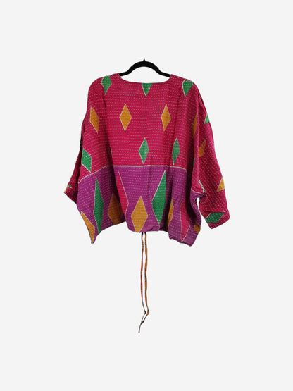 She Lives Beauty Sunrise Hana butterfly top in pink vintage cotton with yellow and green diamond kantha stitching.