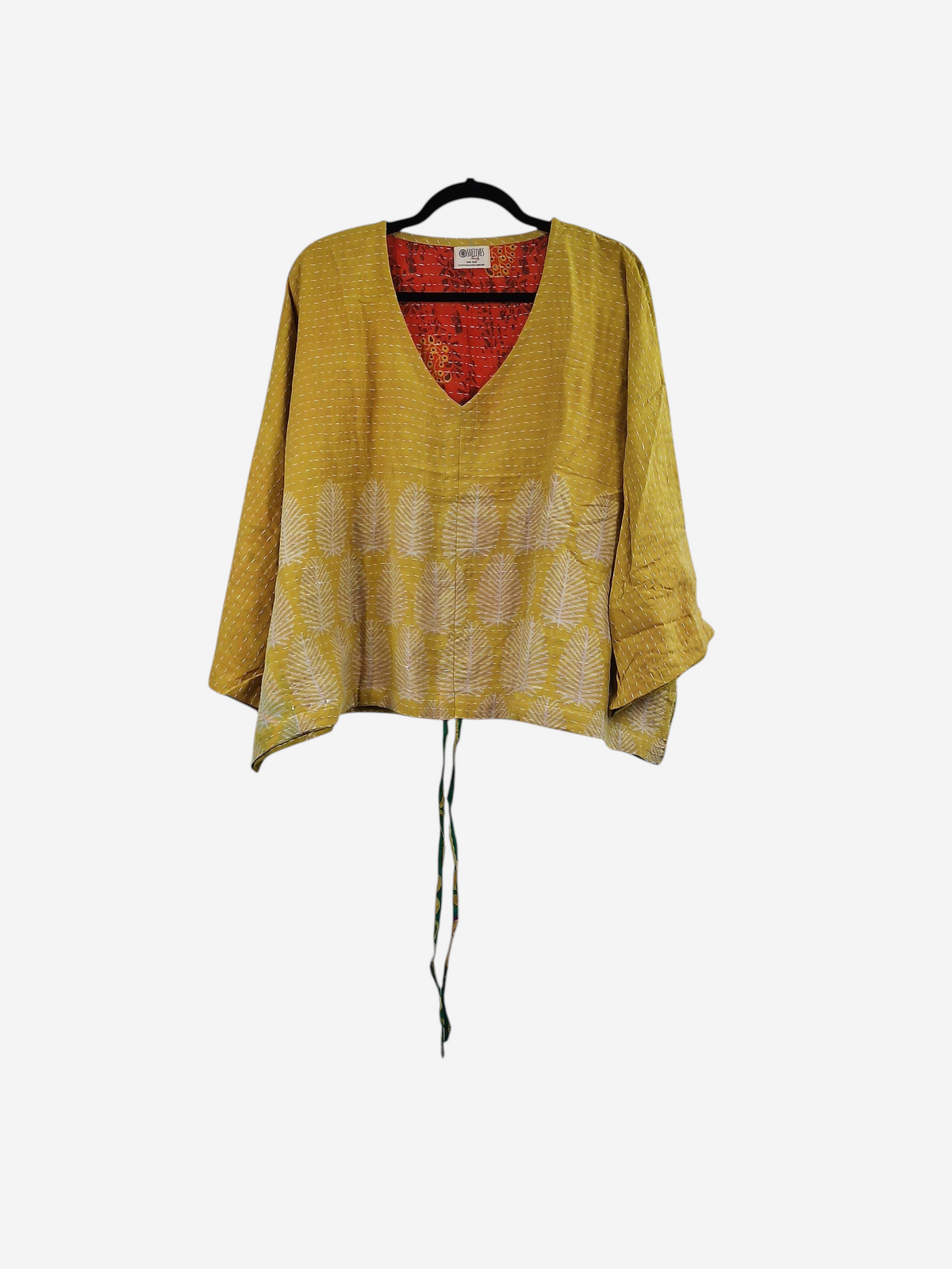 She Lives Beauty Sunrise Hana butterfly top in yellow vintage cotton with white leaf print and red kantha stitching.