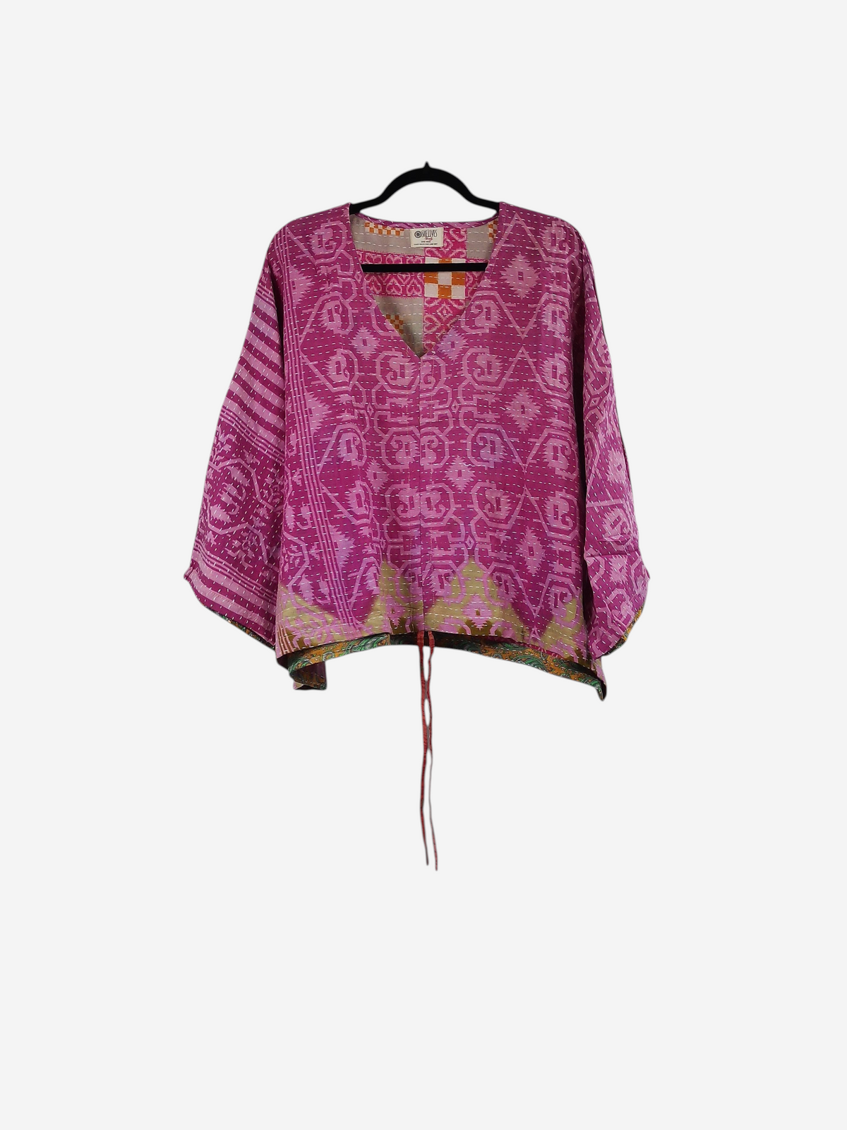 She Lives Beauty Sunrise Hana butterfly top in pink vintage kantha cotton with intricate hand-stitched patterns