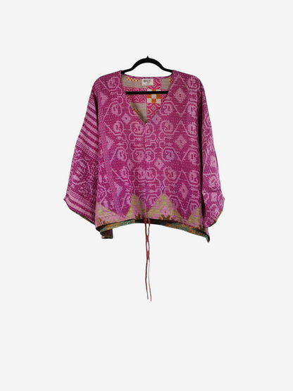 She Lives Beauty Sunrise Hana butterfly top in pink vintage kantha cotton with intricate hand-stitched patterns