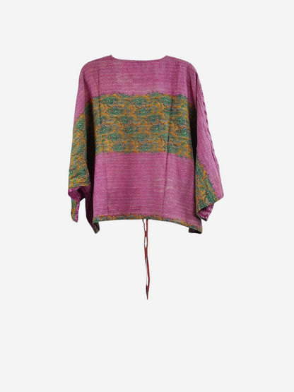 She Lives Beauty Sunrise Hana butterfly top in pink vintage kantha cotton with green and yellow paisley patterns.