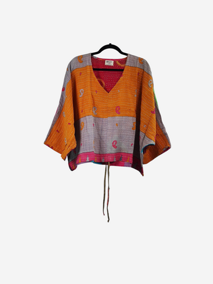 She Lives Beauty Sunrise Hana butterfly top in vibrant orange and pink vintage kantha stitched cotton patchwork.