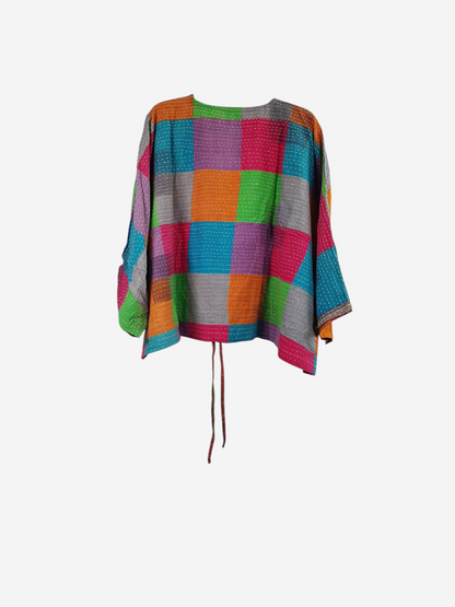 She Lives Beauty Sunrise Hana butterfly top in vibrant multicolored patchwork vintage kantha cotton with hand stitching
