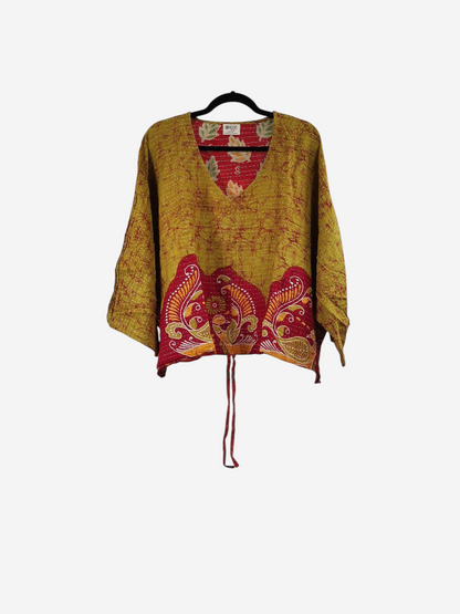 She Lives Beauty Sunrise Hana butterfly top in yellow and red vintage kantha cotton with bohemian floral patterns
