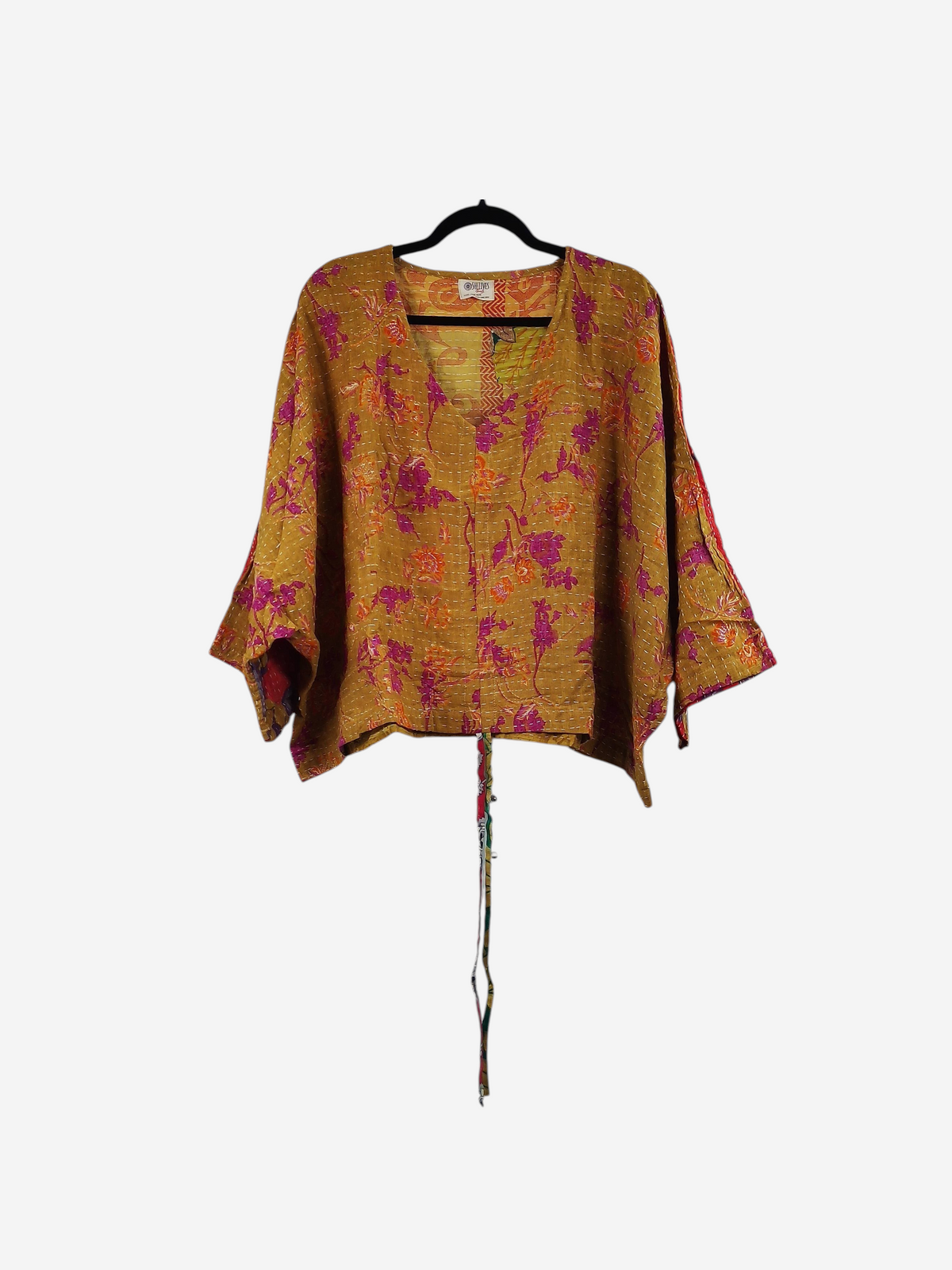She Lives Beauty Sunrise Hana butterfly top in mustard yellow vintage cotton with pink floral kantha stitching.