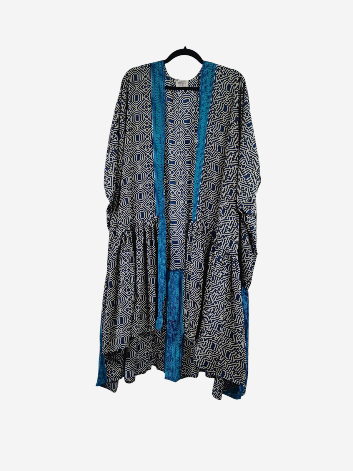 She Lives Beauty Winds of the Ancestors kimono in blue and beige vintage rasgulla silk with geometric patterns