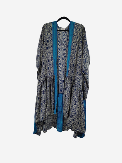 She Lives Beauty Winds of the Ancestors kimono in blue and beige vintage rasgulla silk with geometric patterns