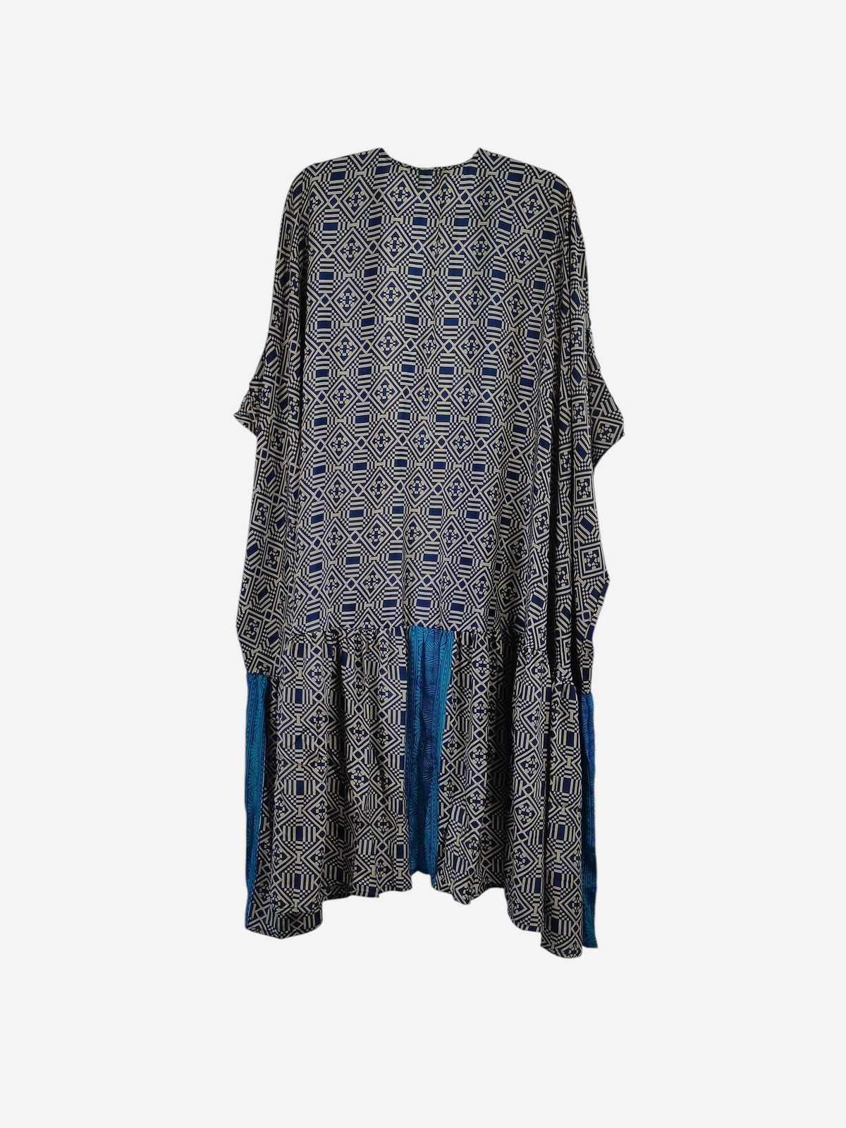 She Lives Beauty Winds of the Ancestors kimono in vintage blue and beige patterned rasgulla silk with a drop waist.