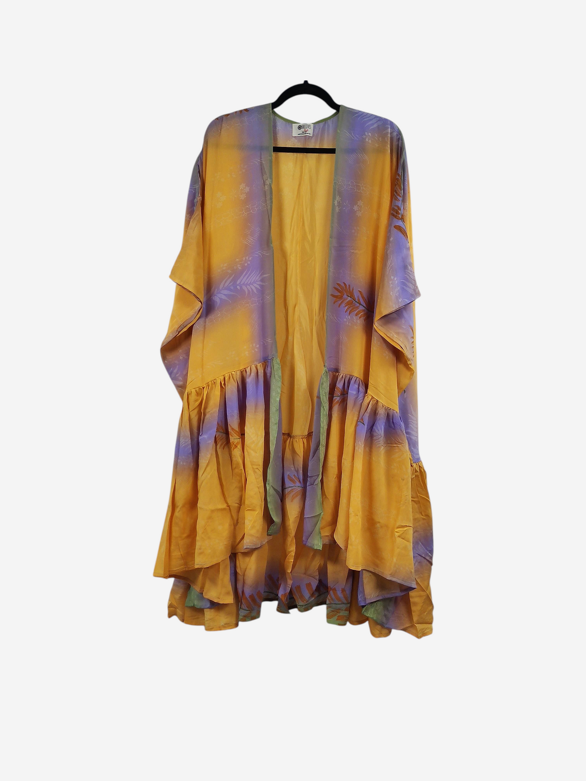 She Lives Beauty Winds of the Ancestors kimono in yellow and purple vintage Rasgulla silk with a ruffled hem