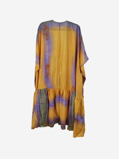 She Lives Beauty Winds of the Ancestors kimono in yellow and purple vintage Rasgulla silk with a ruffled hem