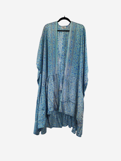 She Lives Beauty Winds of the Ancestors kimono in blue floral vintage rasgulla silk with a relaxed flowing fit