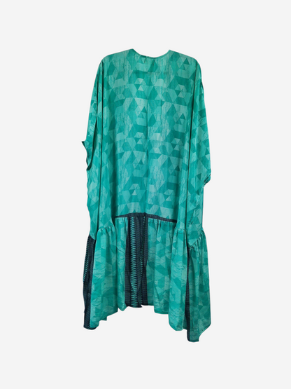 She Lives Beauty Winds of the Ancestors kimono in teal green vintage rasgulla silk with geometric pattern