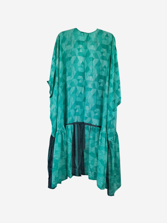 She Lives Beauty Winds of the Ancestors kimono in teal green vintage rasgulla silk with geometric pattern