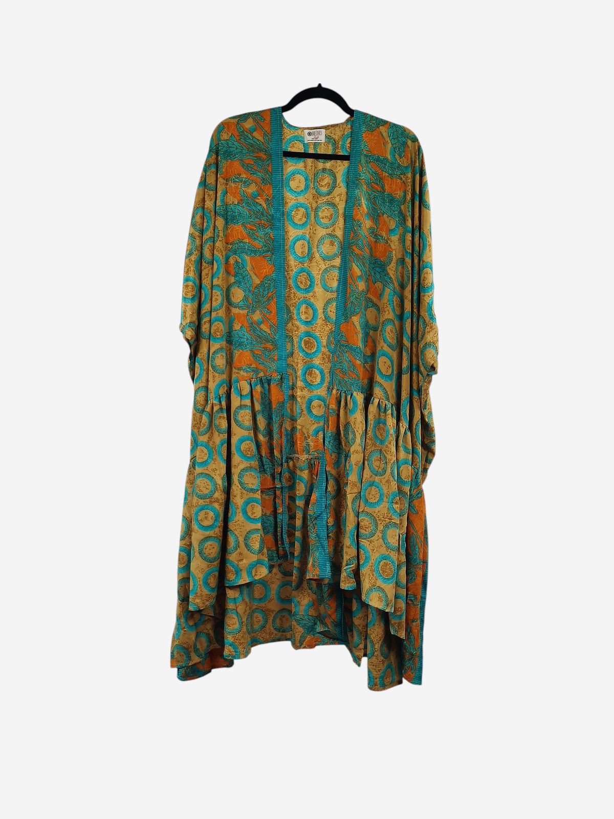 She Lives Beauty Winds of the Ancestors kimono in vintage rasgulla silk with teal and orange circular patterns