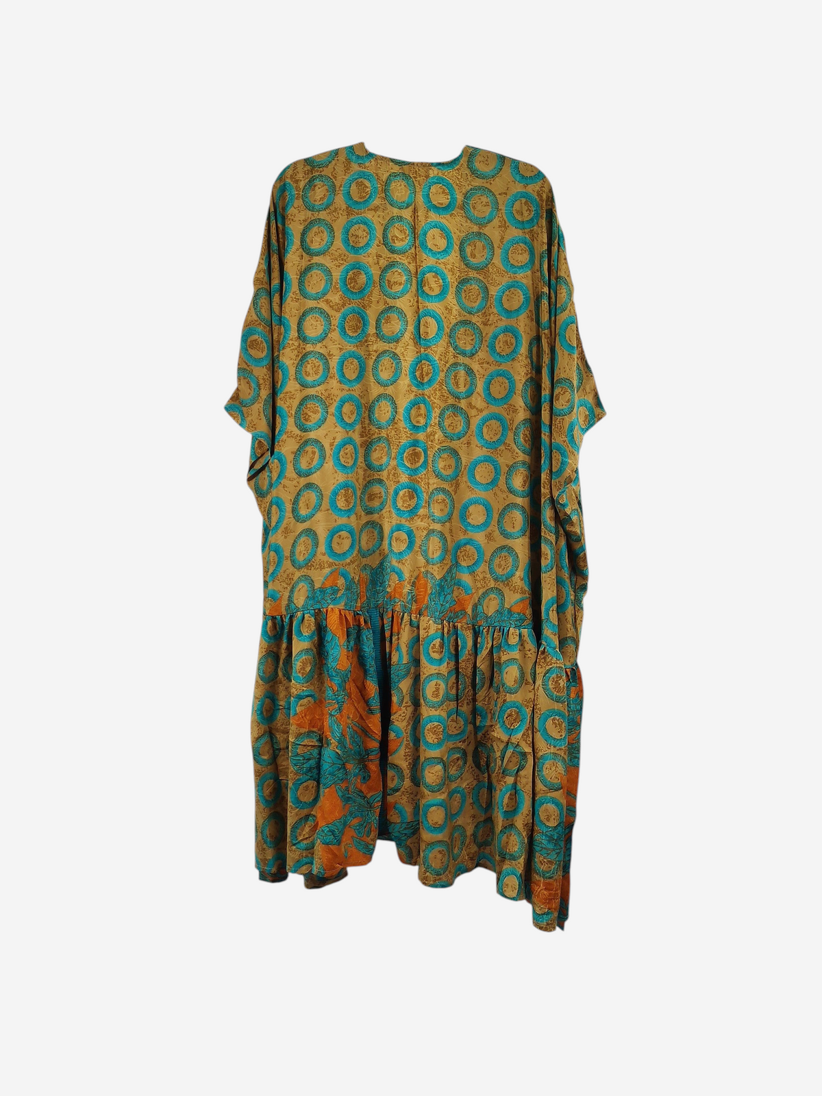 She Lives Beauty Winds of the Ancestors kimono in gold and teal vintage rasgulla silk with a circular pattern