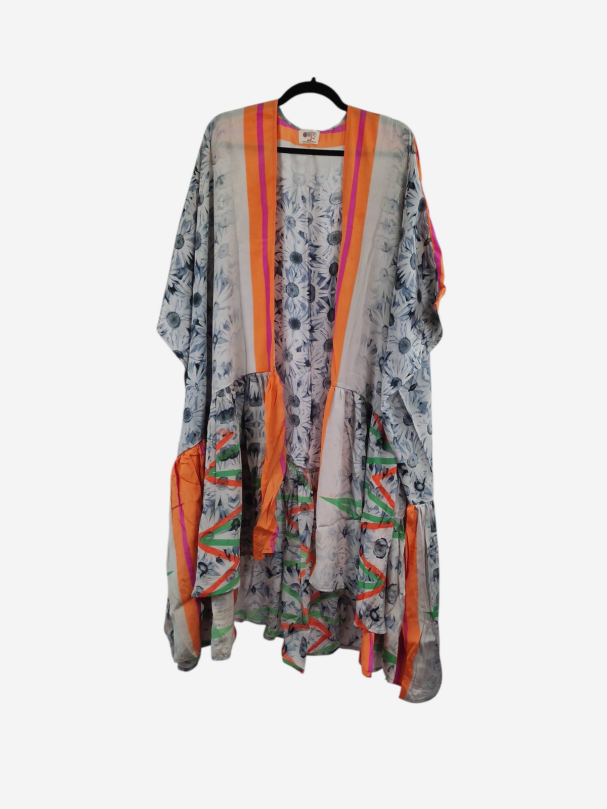 She Lives Beauty Winds of the Ancestors kimono made from vintage rasgulla silk with floral patterns and orange trim.