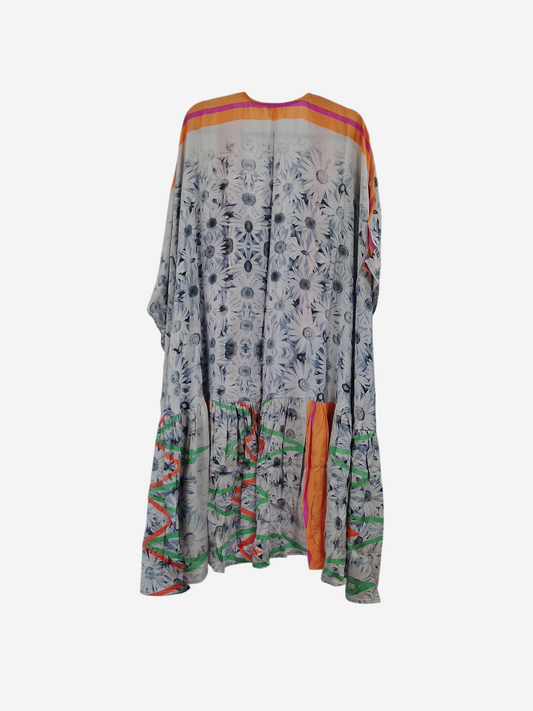 She Lives Beauty Winds of the Ancestors kimono in floral vintage rasgulla silk with orange and green accents