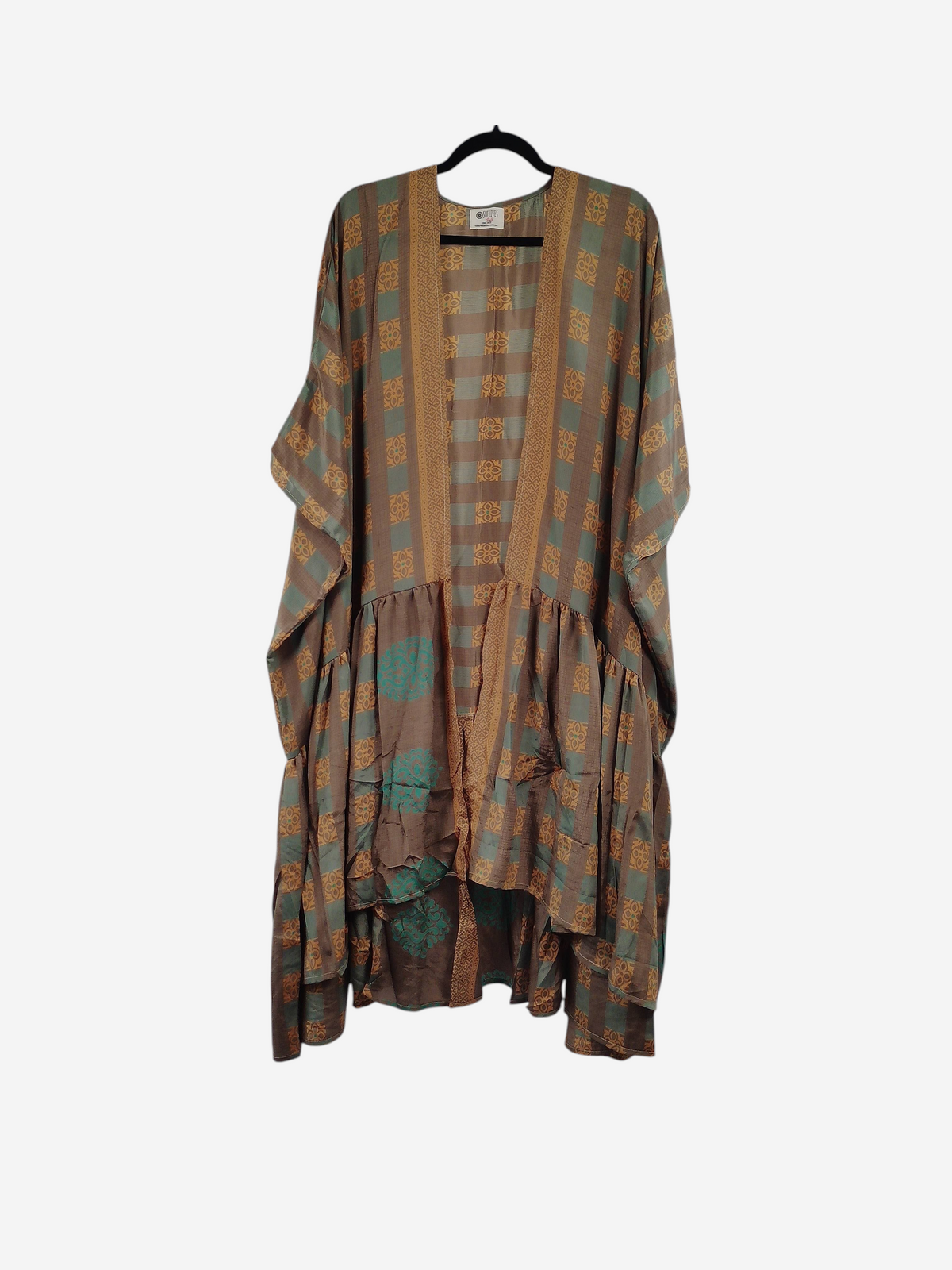 She Lives Beauty Winds of the Ancestors kimono in brown and teal vintage rasgulla silk with a flowing silhouette.