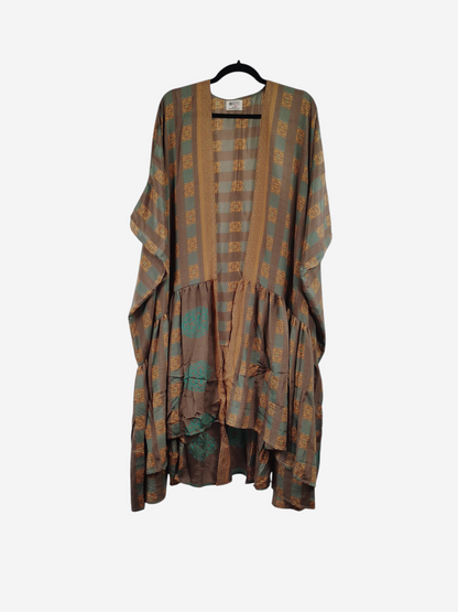 She Lives Beauty Winds of the Ancestors kimono in brown and teal vintage rasgulla silk with a flowing silhouette.
