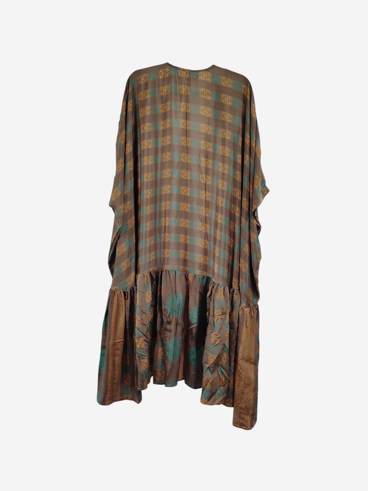 She Lives Beauty Winds of the Ancestors kimono in a brown and teal checkered vintage rasgulla silk blend fabric.