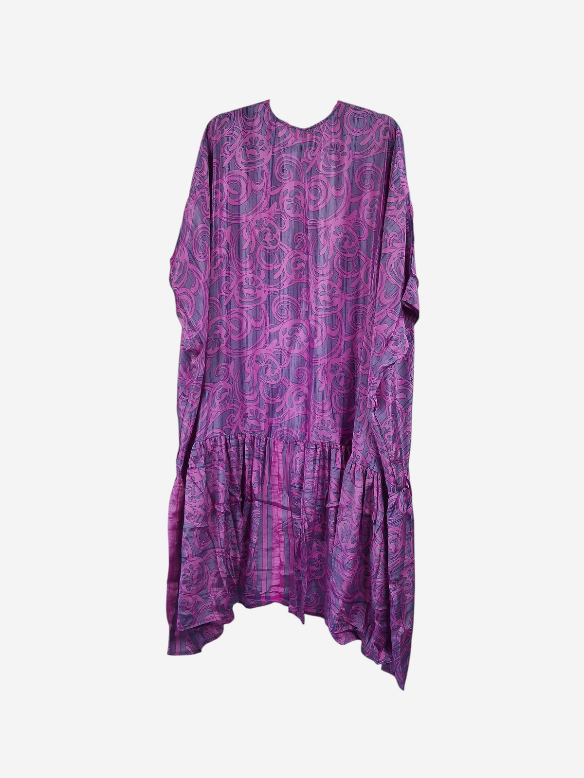 She Lives Beauty Winds of the Ancestors kimono in purple and grey vintage rasgulla silk with a flowing silhouette.