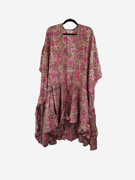 She Lives Beauty Winds of the Ancestors kimono in a floral pink and tan vintage rasgulla silk blend fabric.