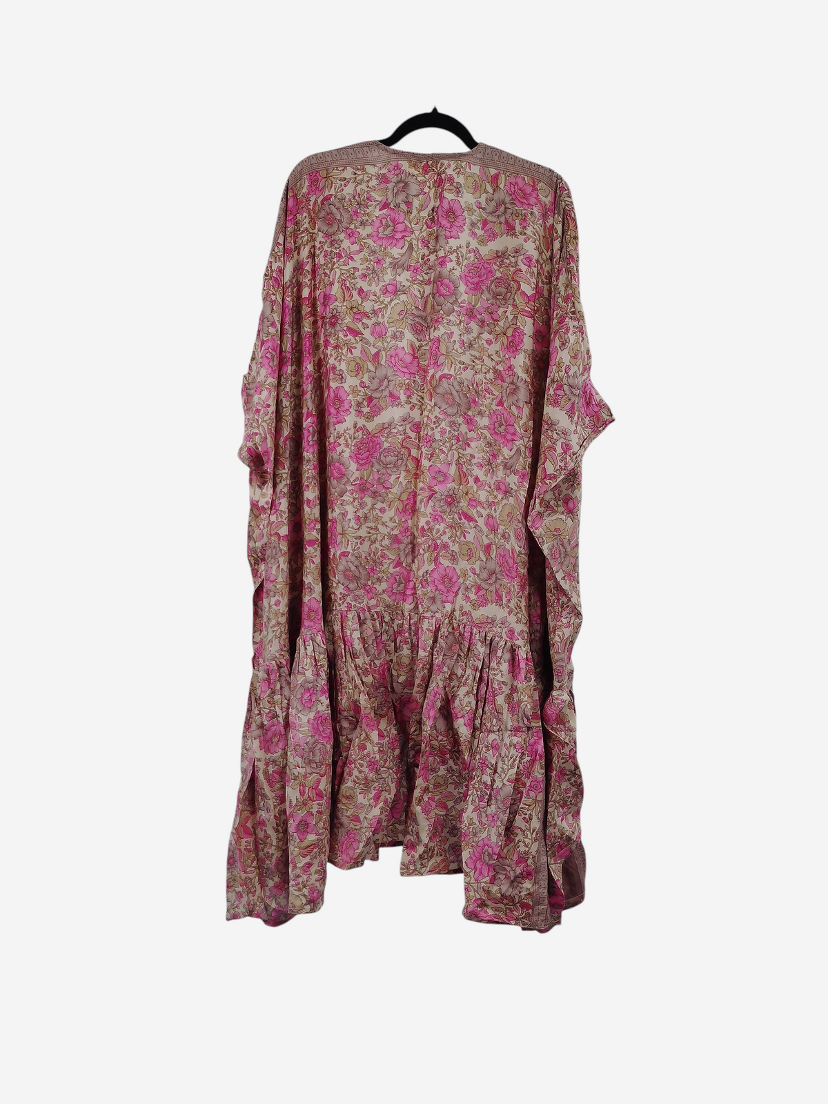She Lives Beauty Winds of the Ancestors kimono in pink and beige floral vintage rasgulla silk with a ruffled hem