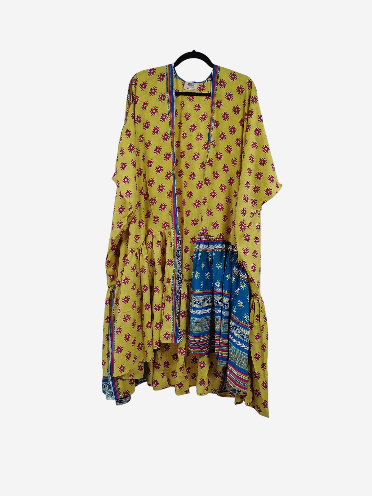 She Lives Beauty Winds of the Ancestors kimono in yellow rasgulla silk with pink sunburst patterns and blue accents