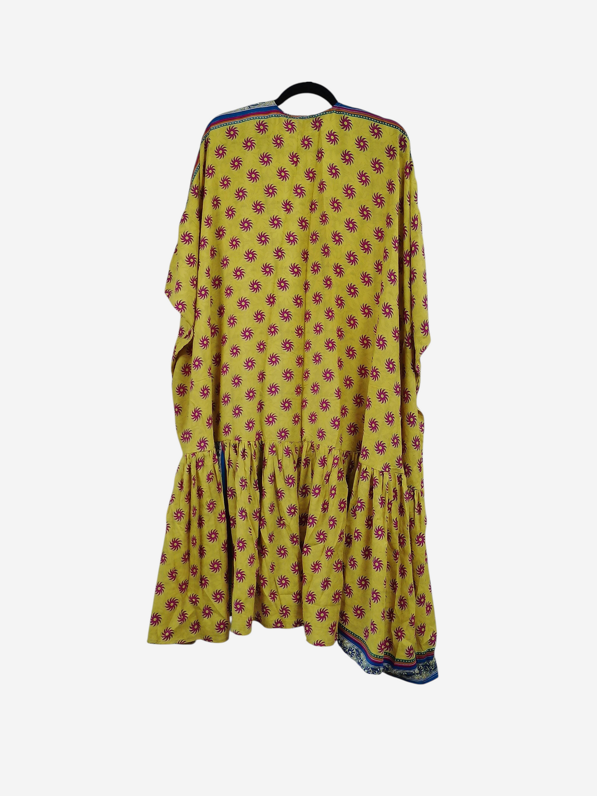 She Lives Beauty Winds of the Ancestors kimono in yellow vintage rasgulla silk with a pink sunburst pattern