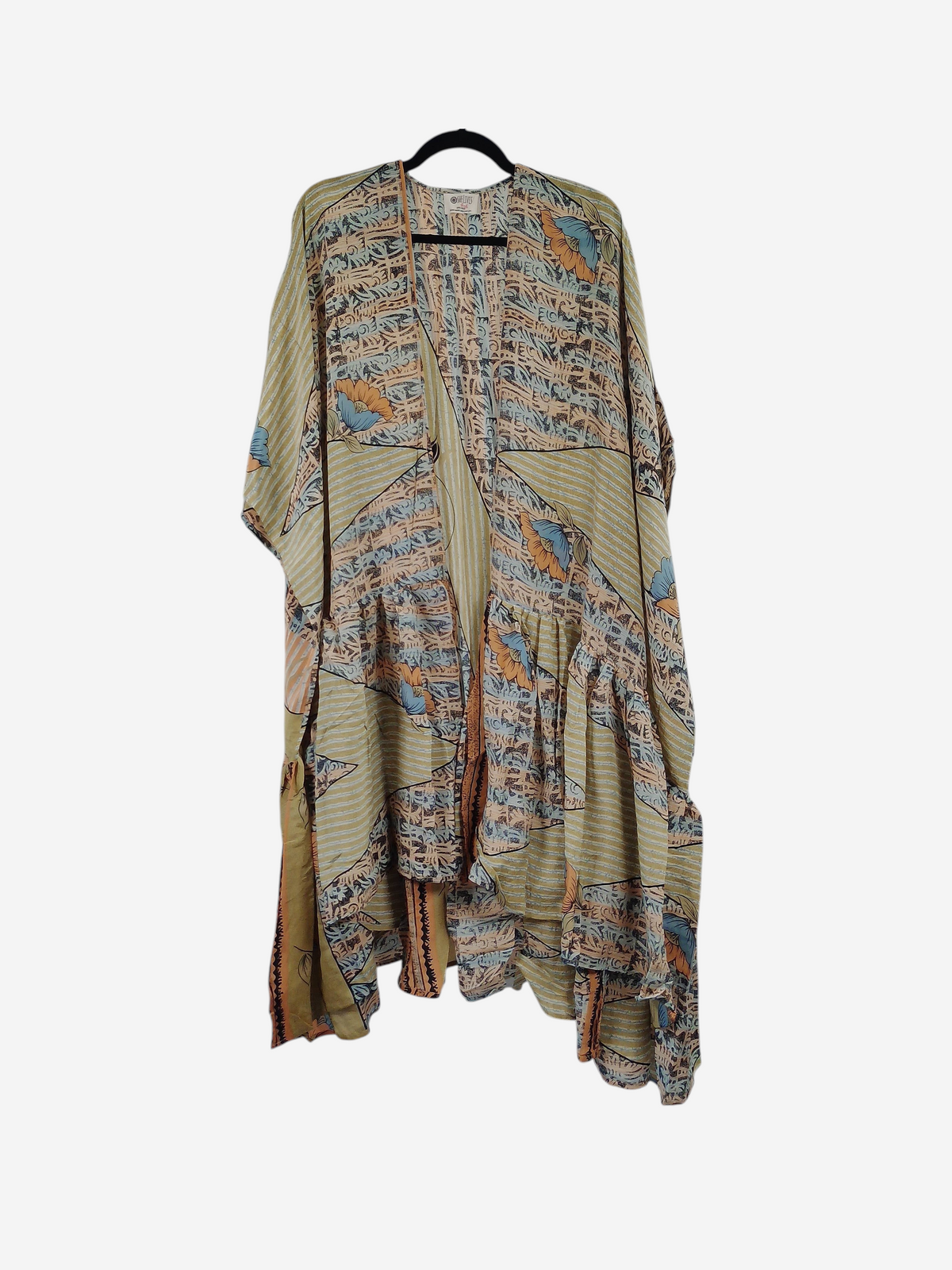 She Lives Beauty Winds of the Ancestors kimono in vintage rasgulla silk with a flowing, multi-patterned boho design.