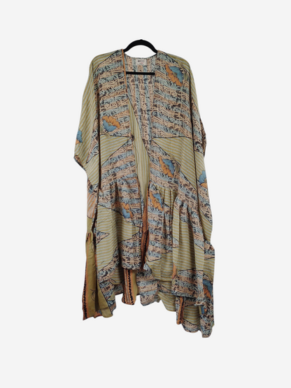She Lives Beauty Winds of the Ancestors kimono in vintage rasgulla silk with a flowing, multi-patterned boho design.