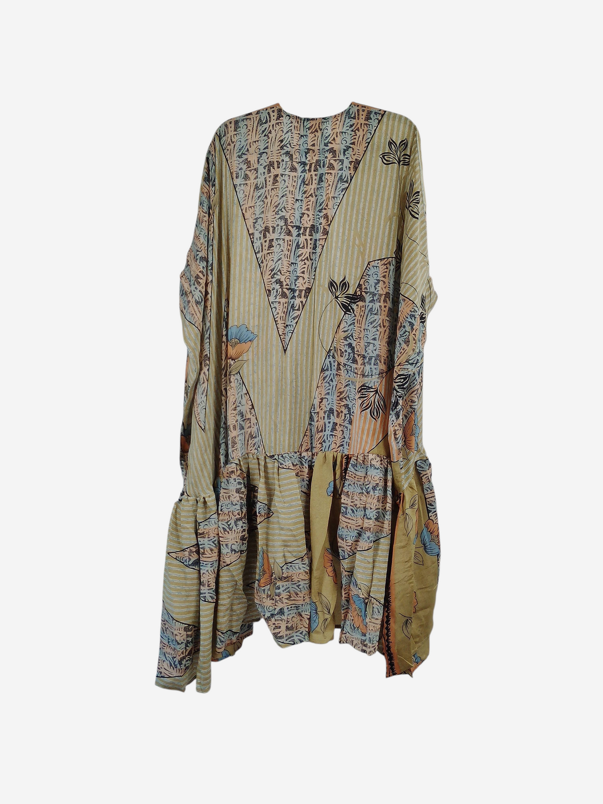 She Lives Beauty Winds of the Ancestors kimono in vintage rasgulla silk with a beige floral and striped pattern.