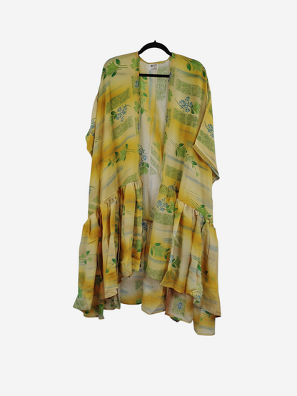 She Lives Beauty Winds of the Ancestors kimono in yellow vintage Rasgulla silk with green floral pattern and ruffles