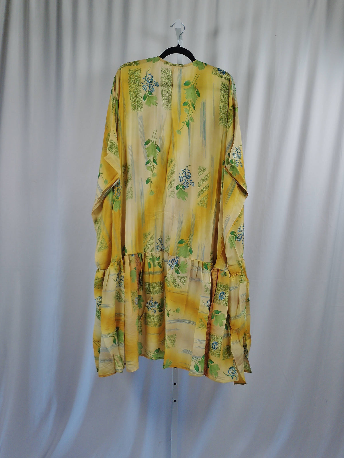 She Lives Beauty Winds of the Ancestors kimono in yellow vintage Rasgulla silk with green floral botanical print