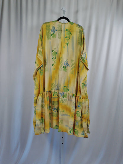 She Lives Beauty Winds of the Ancestors kimono in yellow vintage Rasgulla silk with green floral botanical print