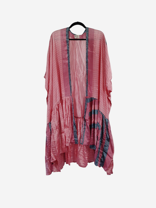 She Lives Beauty Winds of the Ancestors kimono in pink vintage Rasgulla silk with blue patterned trim