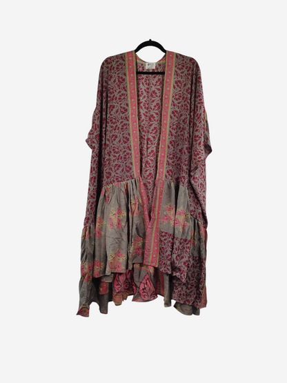 She Lives Beauty Winds of the Ancestors kimono in a vintage floral Rasgulla silk blend with a flowing silhouette.