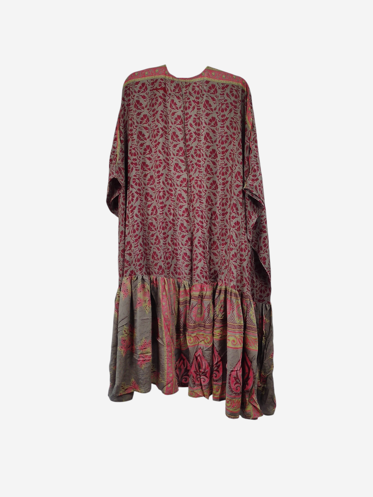 She Lives Beauty Winds of the Ancestors kimono made from vintage Rasgulla silk with a floral pattern and ruffled hem.