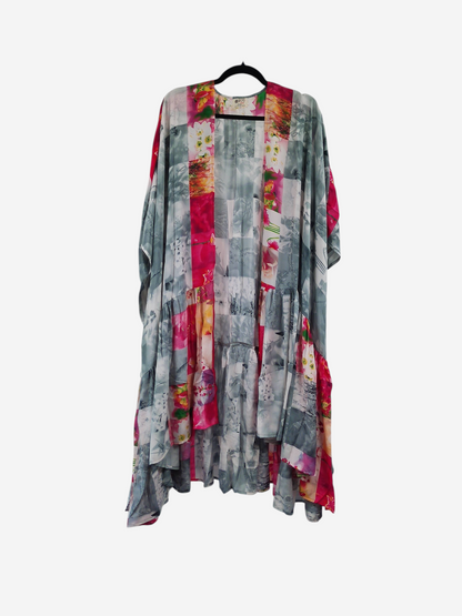 She Lives Beauty Winds of the Ancestors kimono made from vintage patchwork Rasgulla silk in floral and grey patterns.