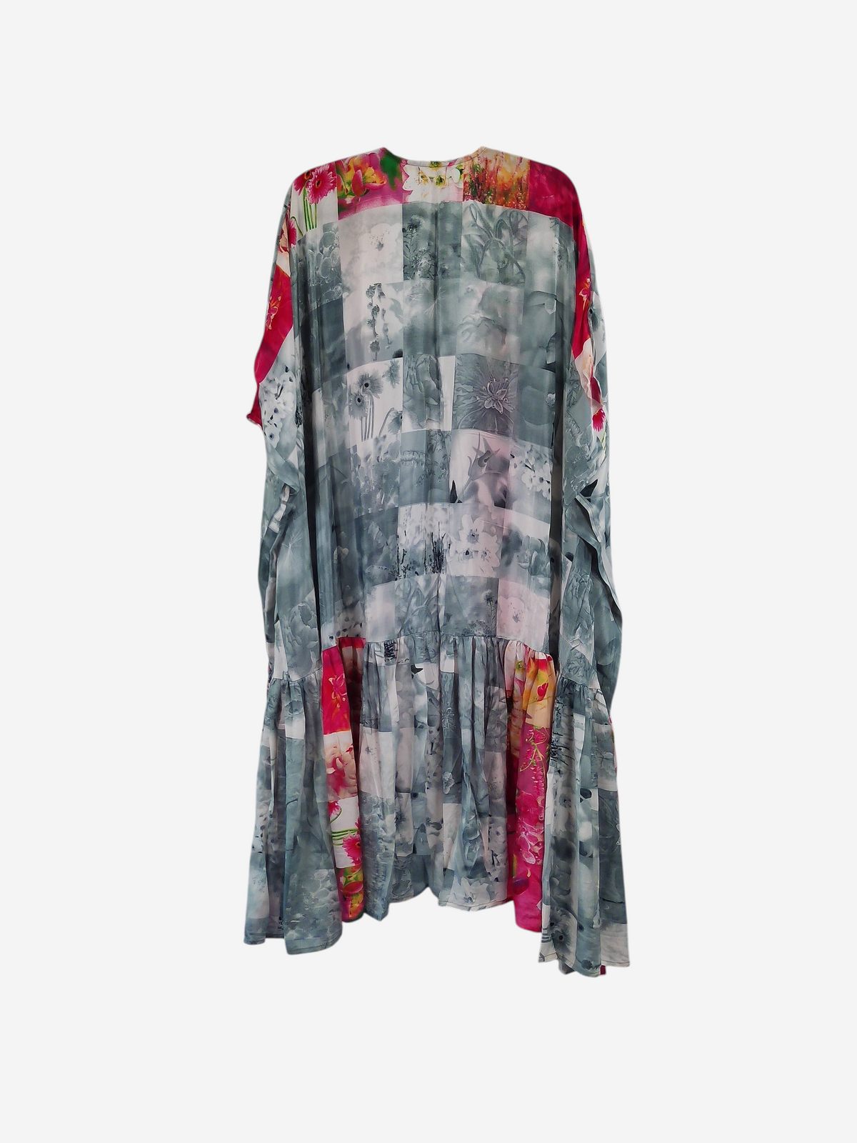 She Lives Beauty Winds of the Ancestors kimono made from vintage patchwork Rasgulla silk in grey and floral pink tones.