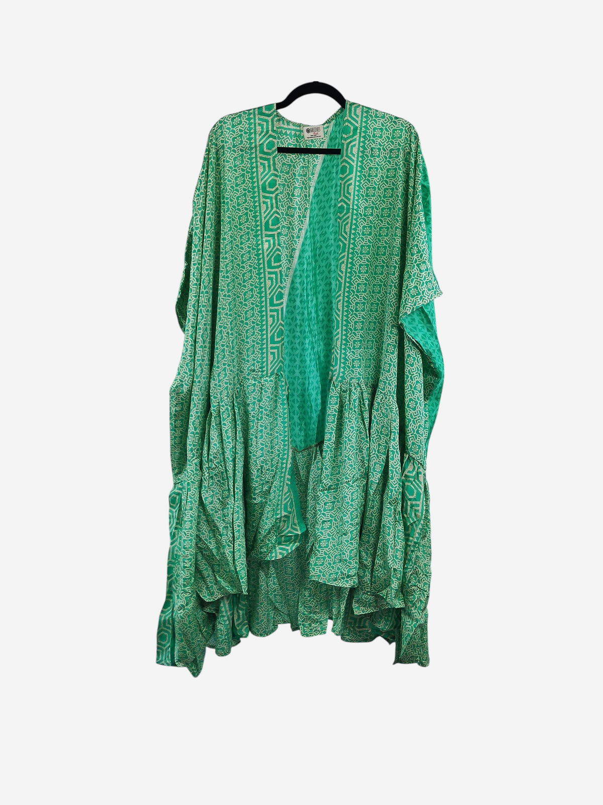 She Lives Beauty Winds of the Ancestors kimono in green vintage Rasgulla silk with geometric patterns