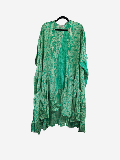 She Lives Beauty Winds of the Ancestors kimono in green vintage Rasgulla silk with geometric patterns