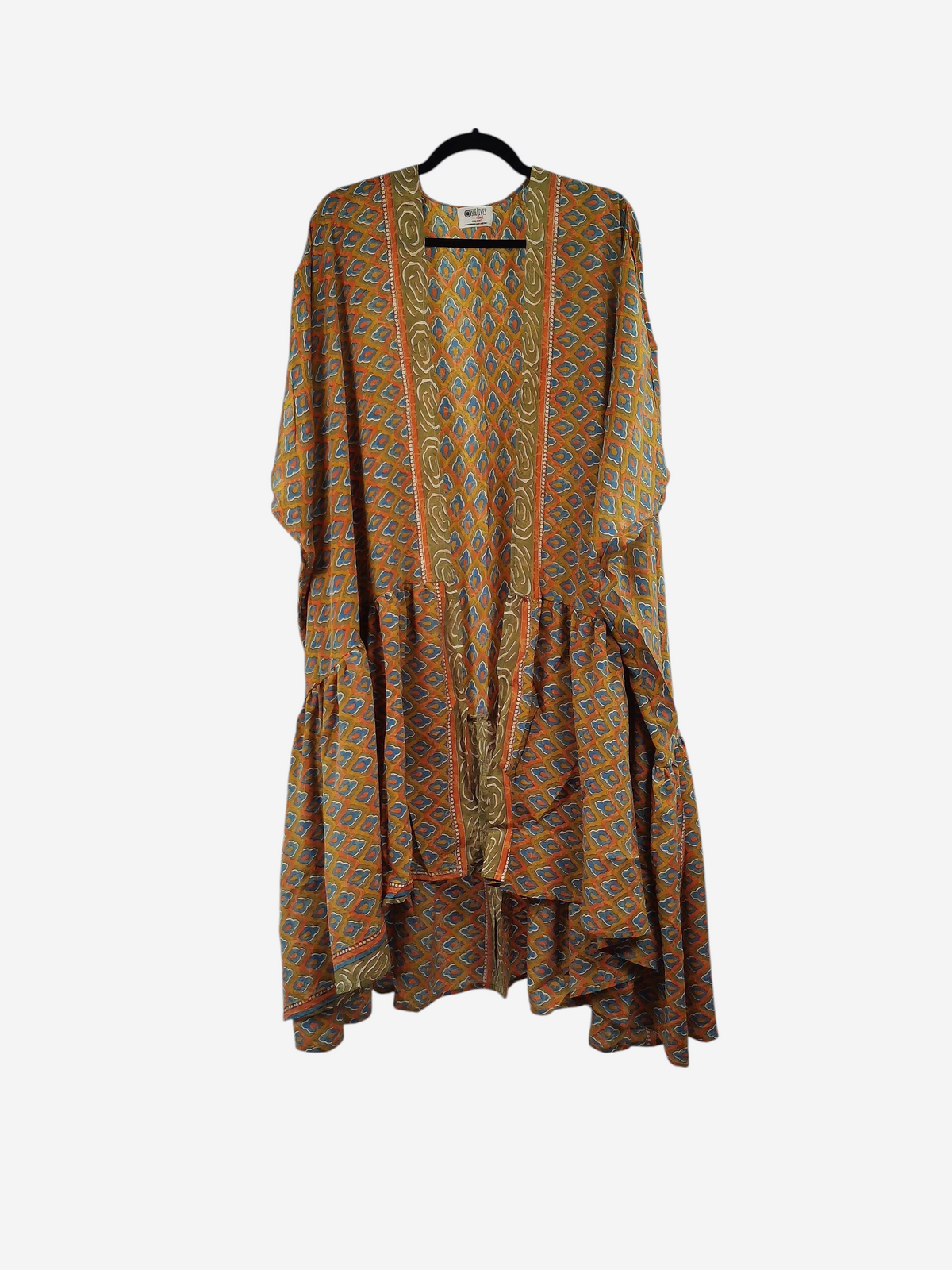 She Lives Beauty Winds of the Ancestors kimono in vintage Rasgulla silk with a flowing silhouette and earthy patterns.